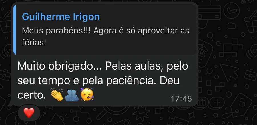 Aluno agradece pelas aulas, pelo tempo e pela paciência