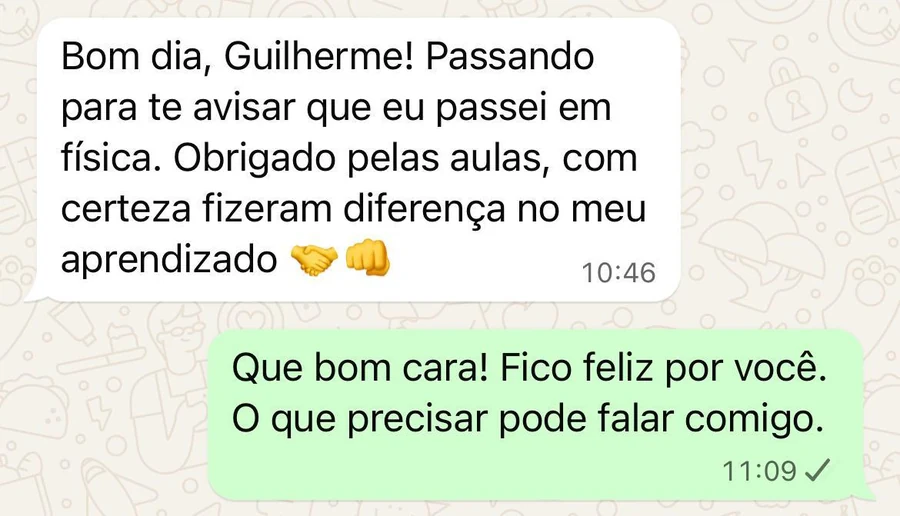 Aluno avisa que passou em física e que as aulas fizeram diferença