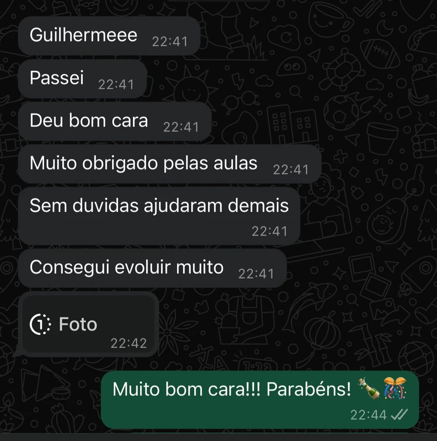Aluno agradece pelas aulas e diz que conseguiu evoluir muito