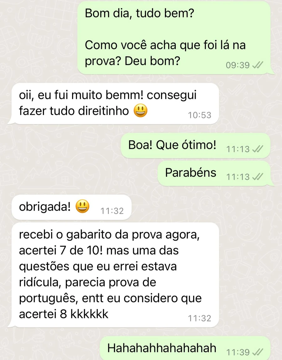 Aluna acerta 7 de 10 na prova