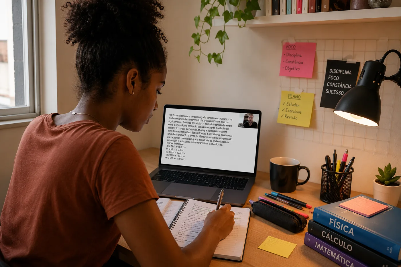 Aluna acompanhando uma aula online de física no computador e anotando no caderno