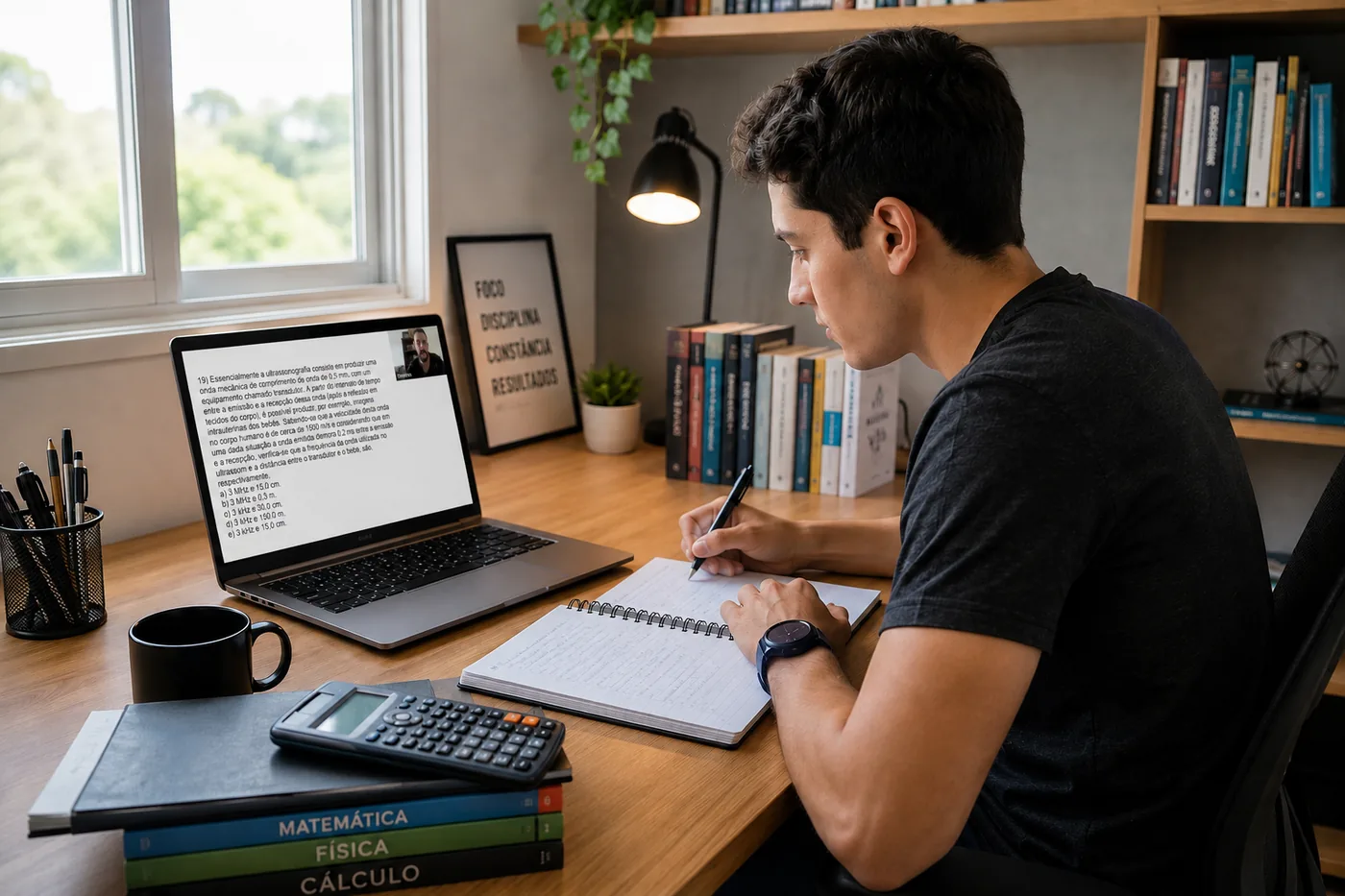 Aluno assistindo a uma aula online de física em casa, com caderno, calculadora e livros de Matemática, Física e Cálculo