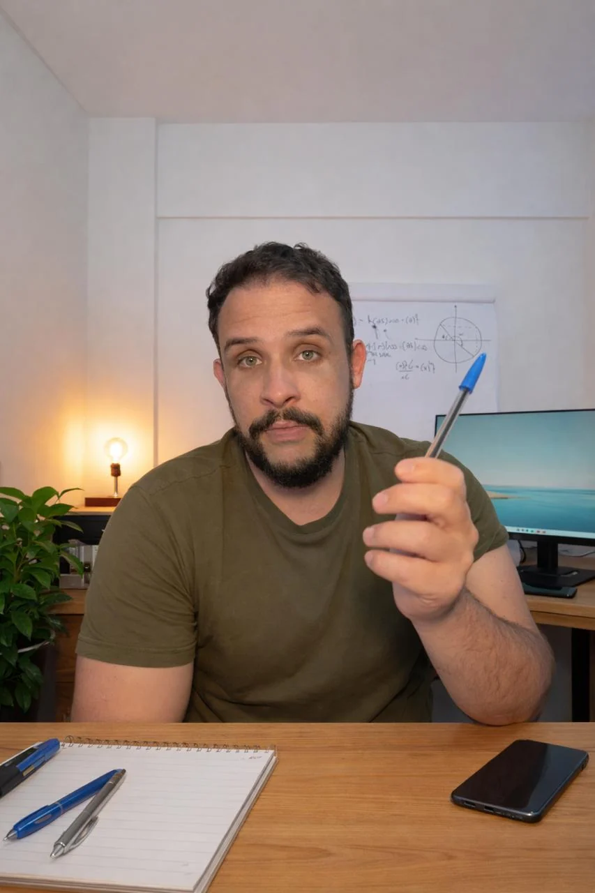 Professor Guilherme sentado à secretária, com um quadro de trigonometria e derivadas ao fundo